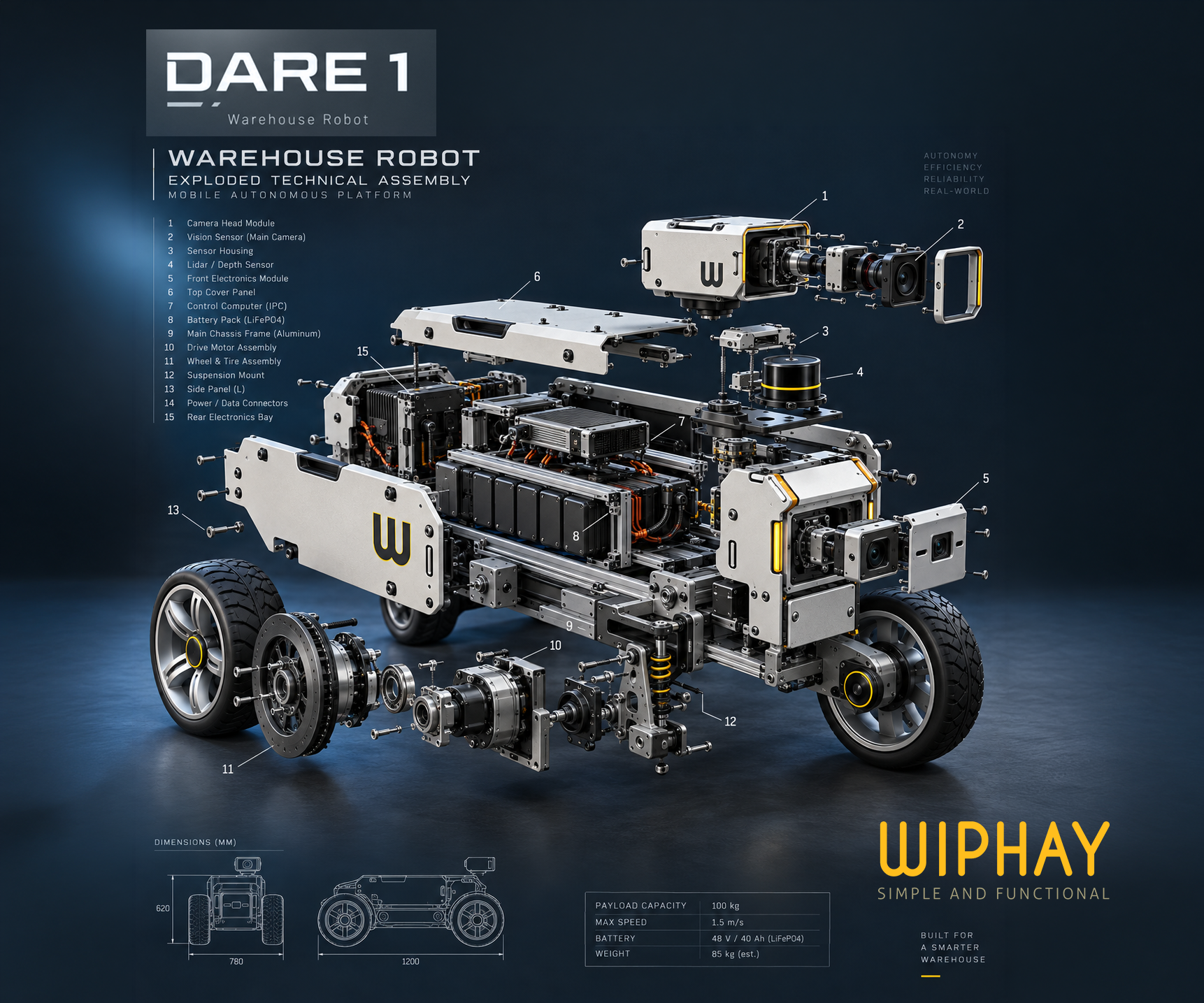 Exploded technical view of DARE 1 components